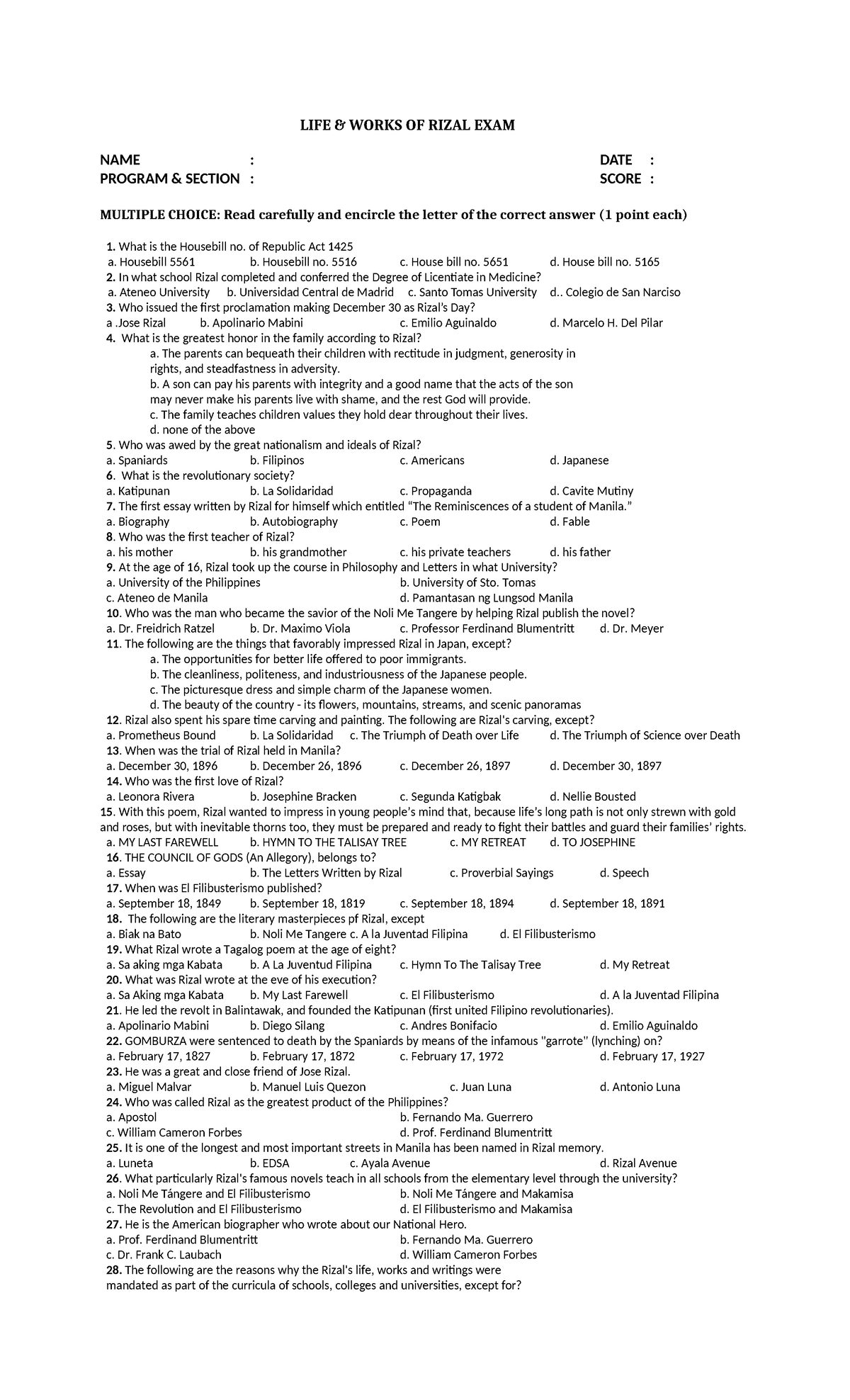 RIZAL MIDTERM EXAM WITH ANSWERS: LIFE & WORKS OF RIZAL - Document Preview