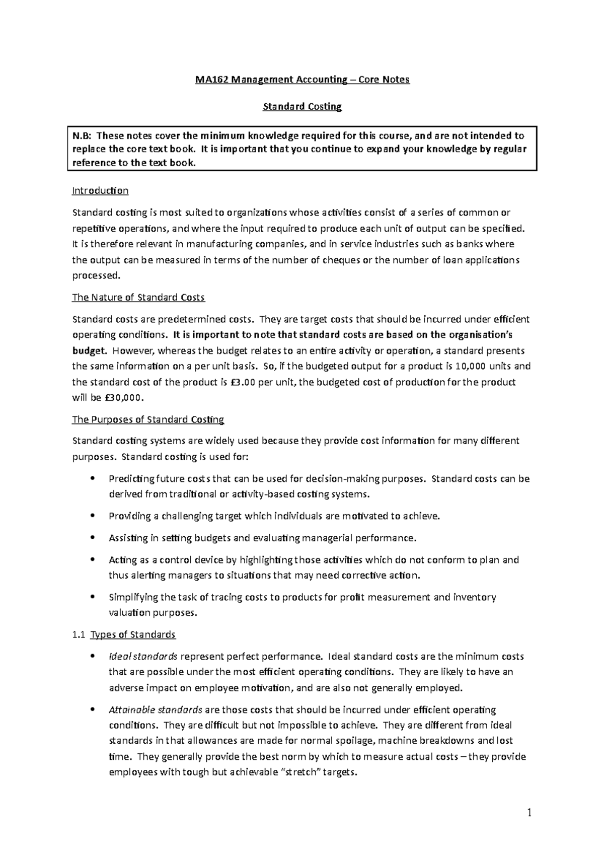 Standard Costing Notes - MA162 Management Accounting – Core Notes ...