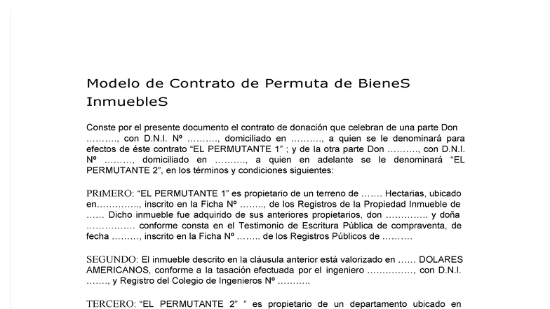 Modelo de Contrato de Permuta de Bienes Inmuebles PDF - Studocu