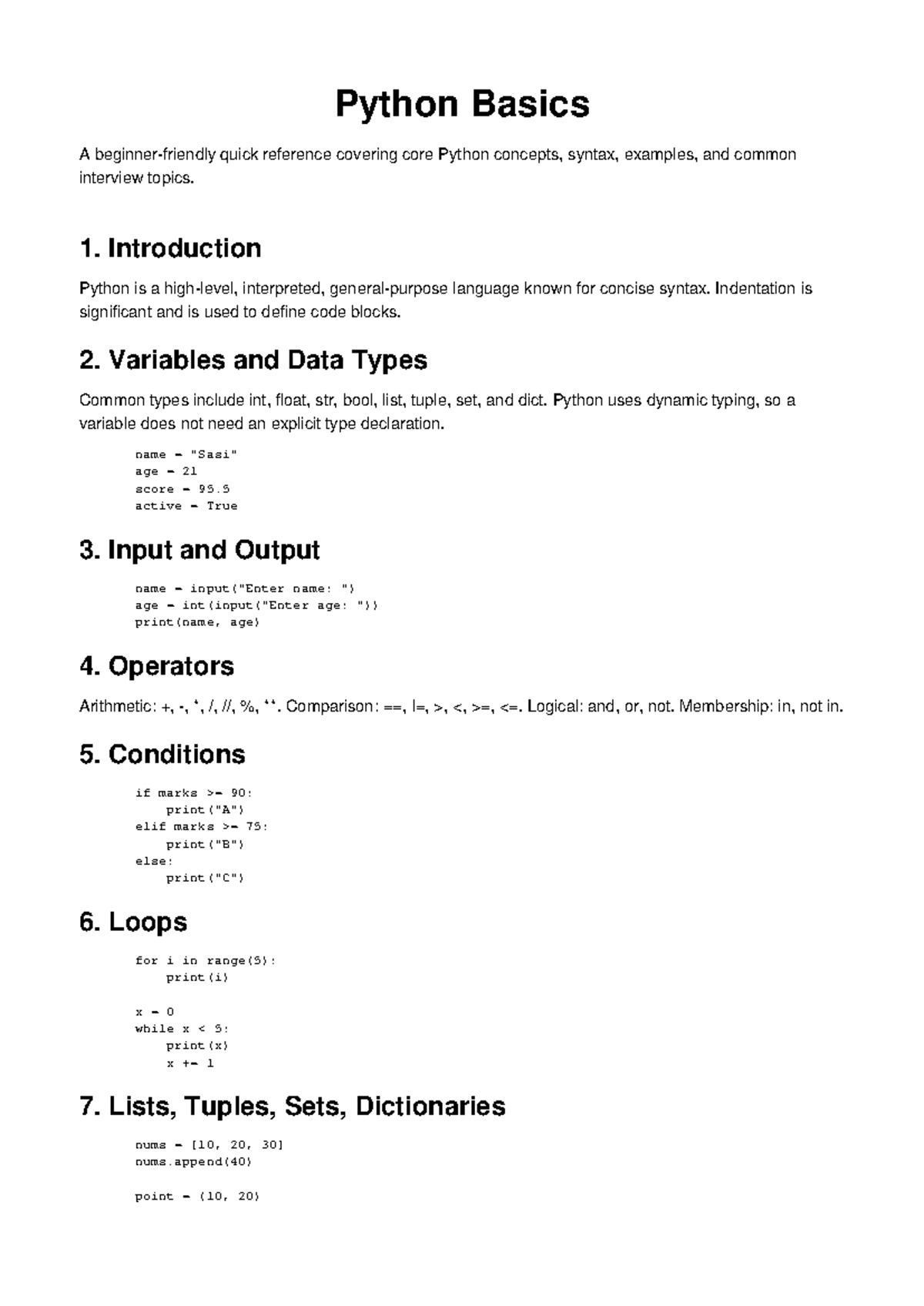 Python Basics: Core Concepts & Interview Prep Guide - Studocu
