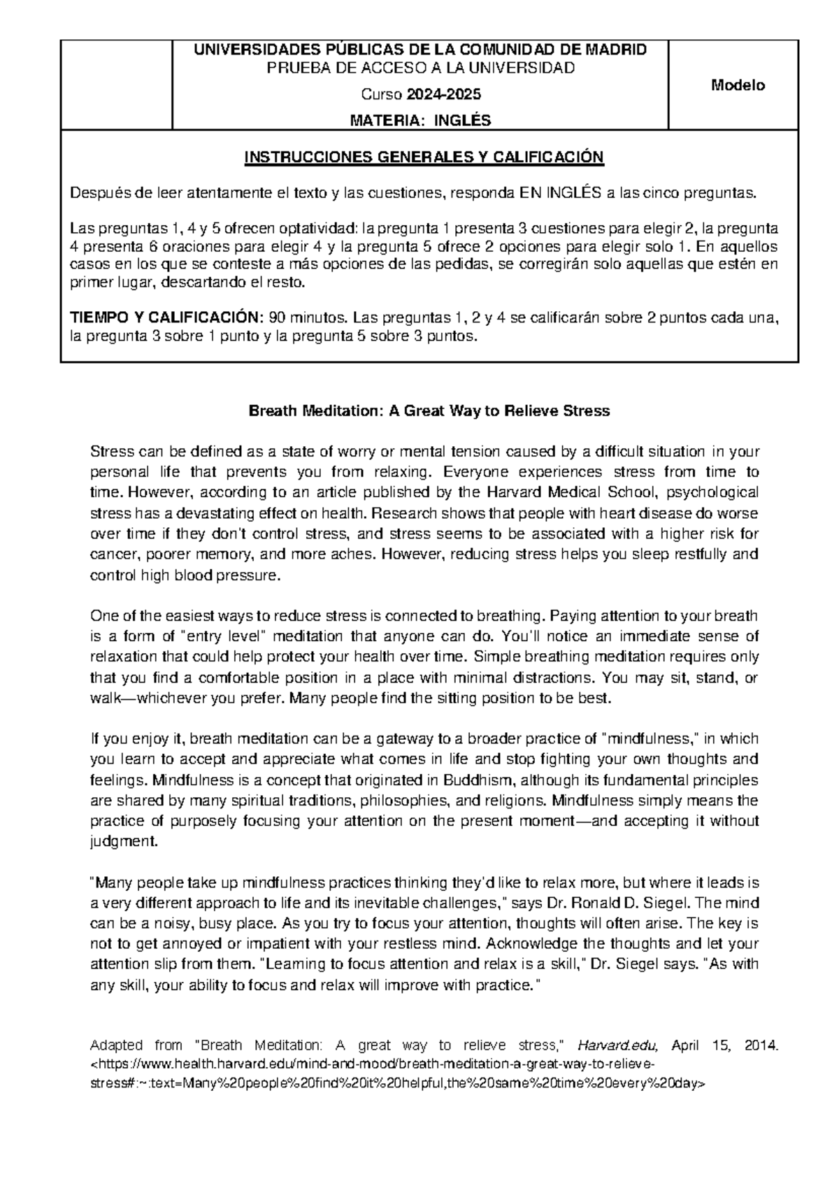 Examen de Lengua Extranjera II: Inglés - Curso 2024-2025 - Document Preview