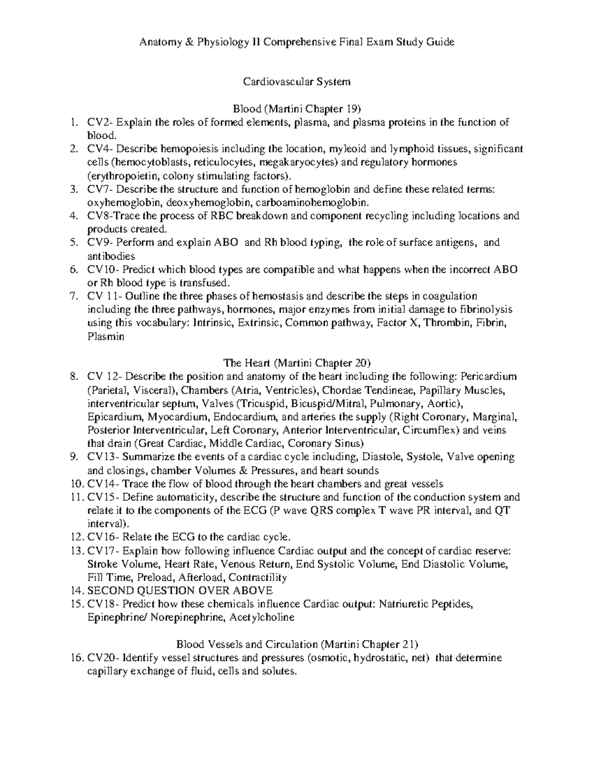 Anatomy & Physiology II CV, LM, DG, ME, UR, FE Final Exam Study Guide ...