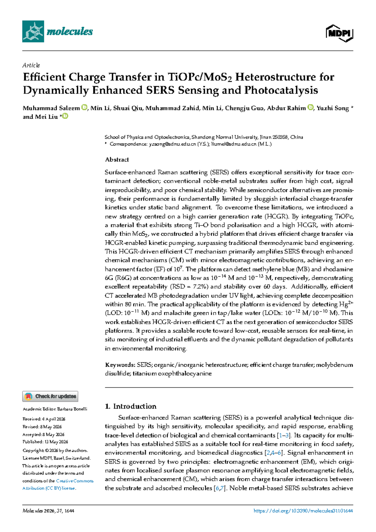 Efficient Charge Transfer in Heterostructures for Enhanced SERS Sensing ...