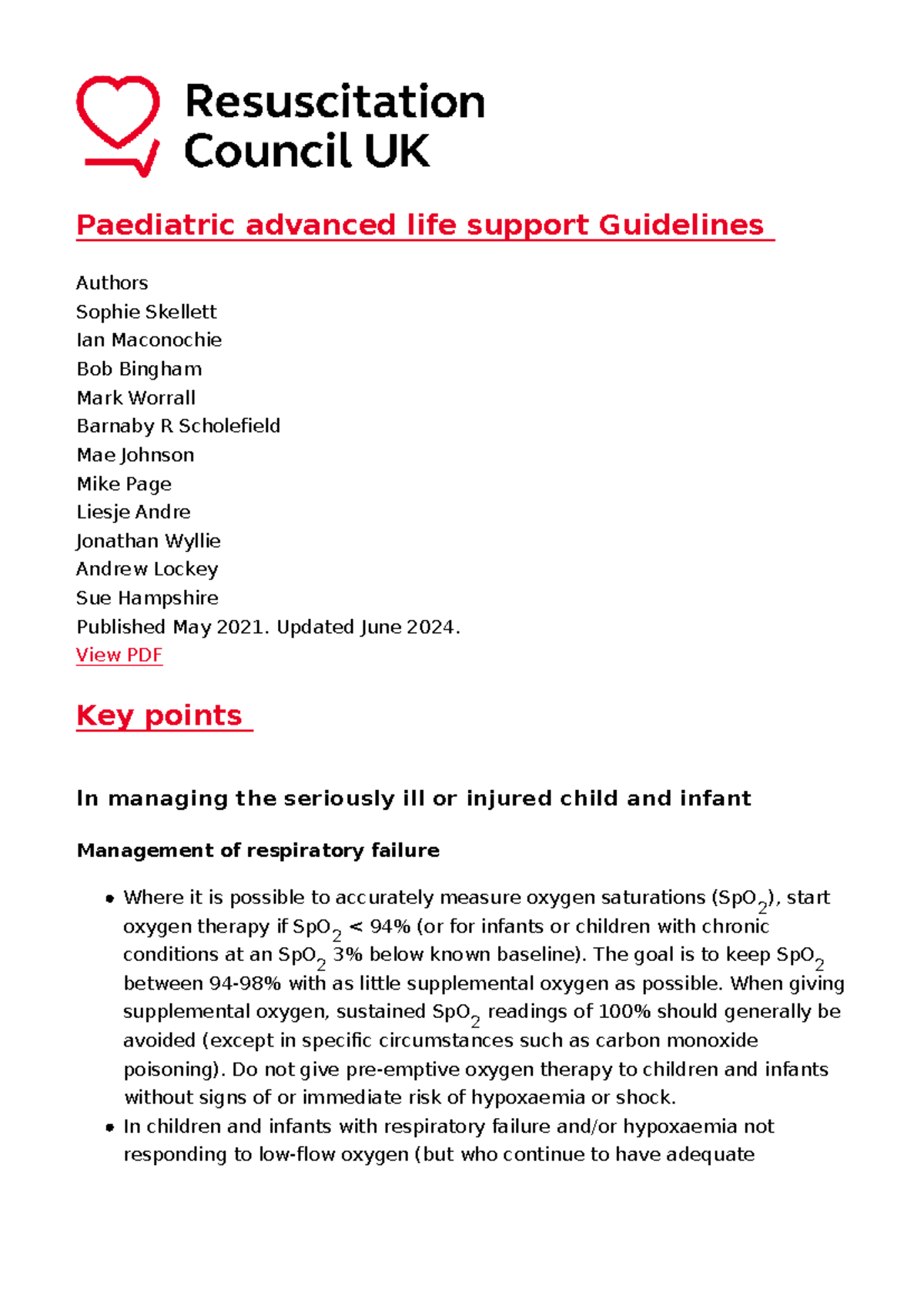 PALS Guidelines for Managing Seriously Ill or Injured Children - Studocu