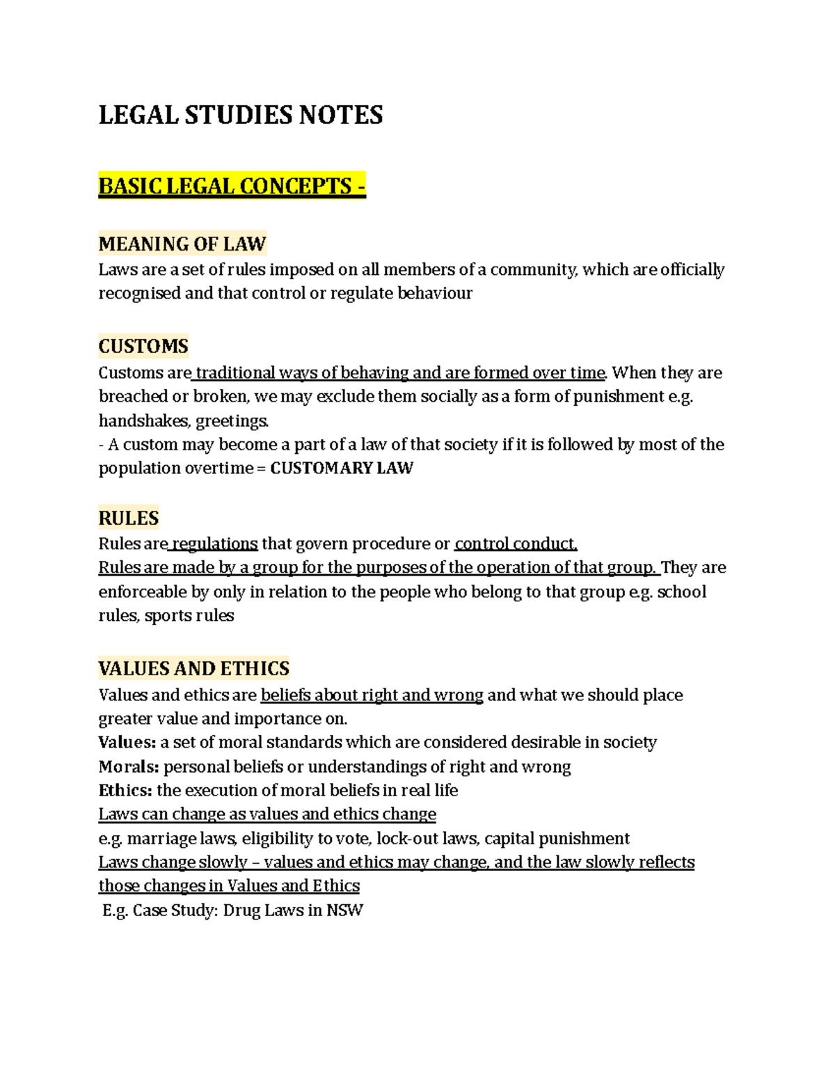 LEGAL STUDIES NOTES: BASIC LEGAL CONCEPTS AND PRINCIPLES - Studocu