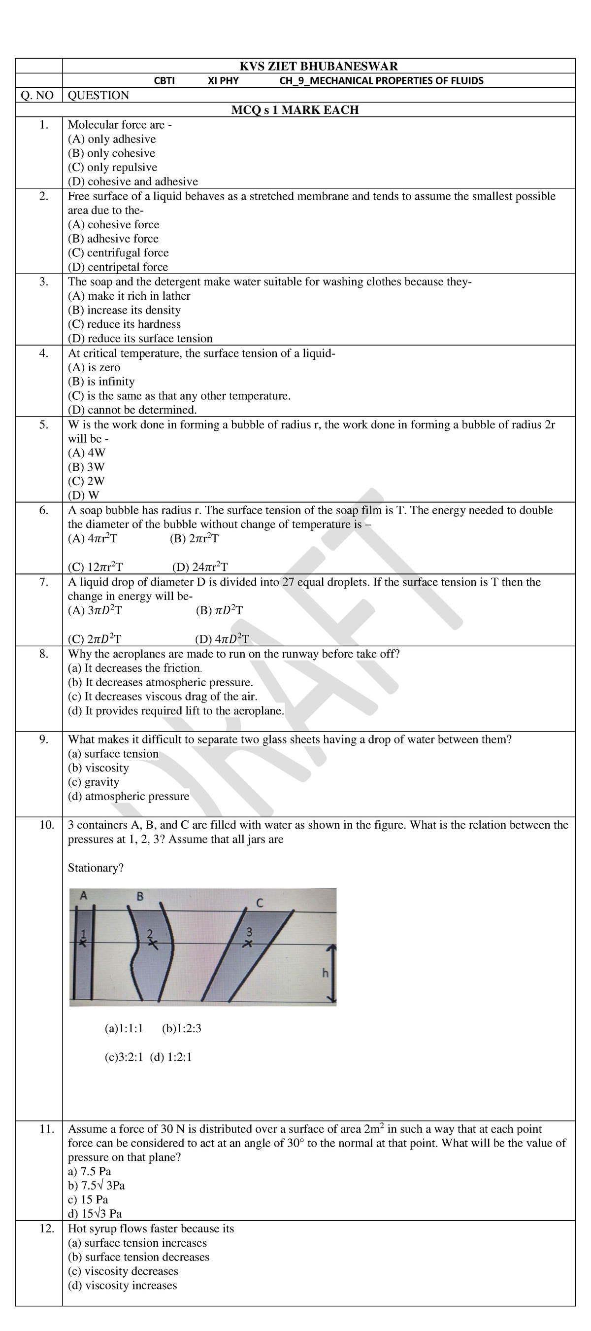 XI CH 9 Mechanical Properties of Fluids - MCQs and Solutions - Studocu