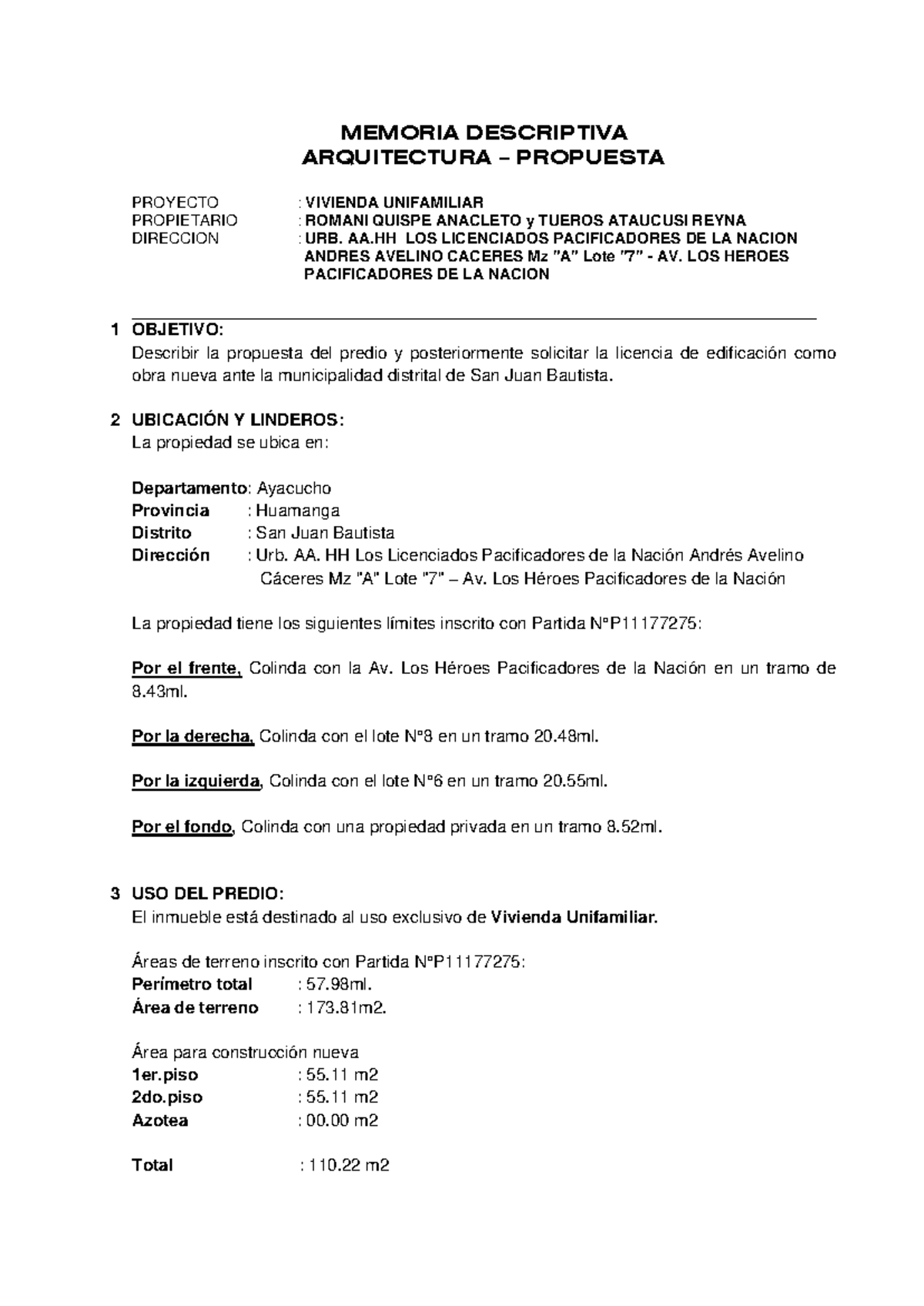 Memoria Descriptiva del Proyecto de Vivienda Unifamiliar - ARQ 2023 ...