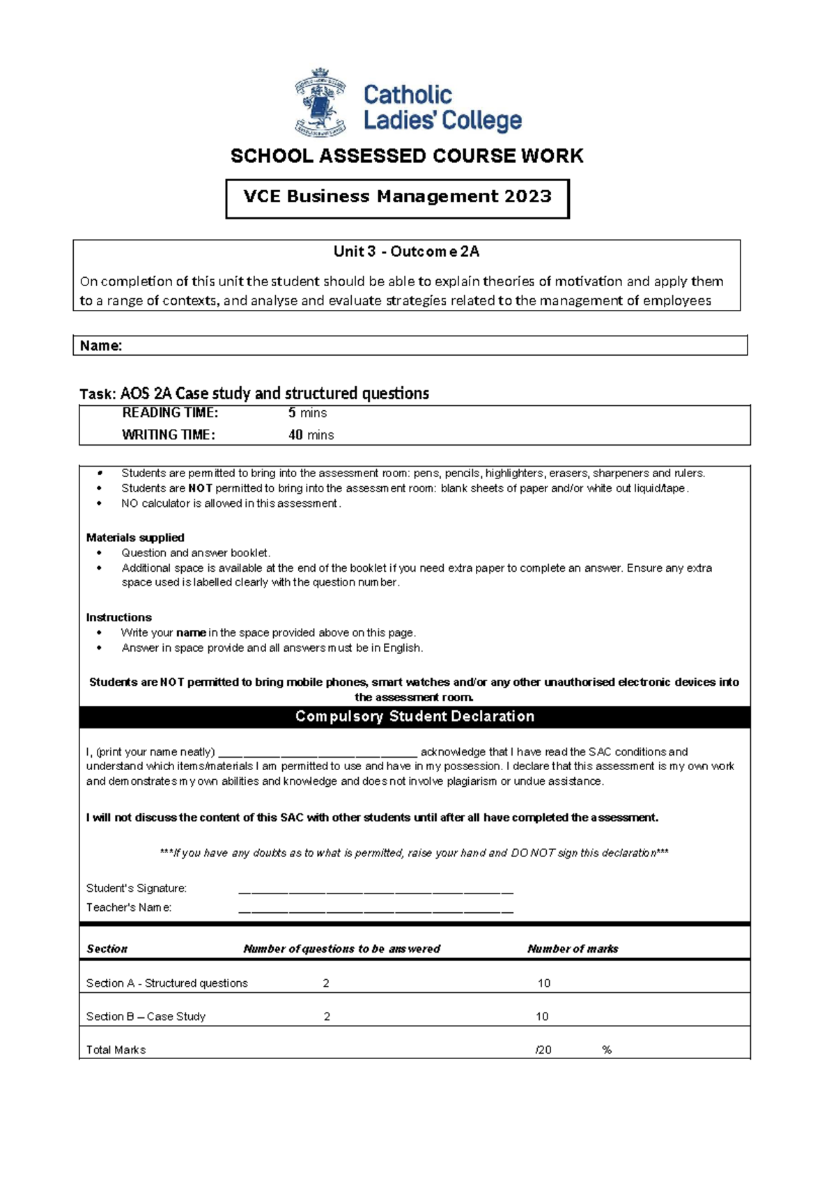 U3 AOS 2A SAC - Business Management Case Study & Questions 2023 - Studocu