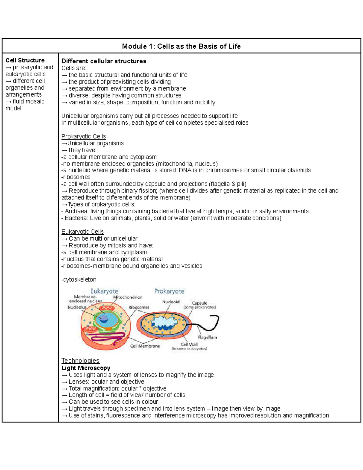 Year 11 bio notes - Module 1: Cells as the Basis of Life Cell Structure ...