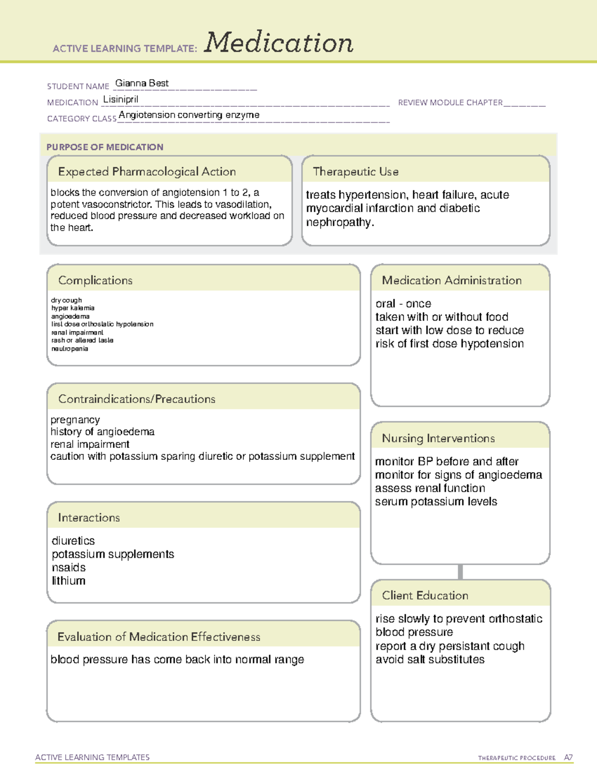 Angiotensin ATI MED TEMPLATE: Lisinopril Review Nursing