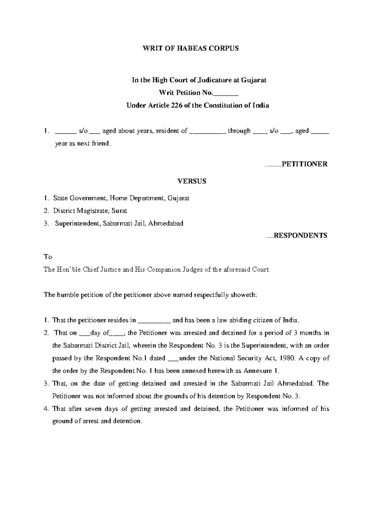 Writ Petition Format Under Article 226 - High Court of Gujarat - Studocu