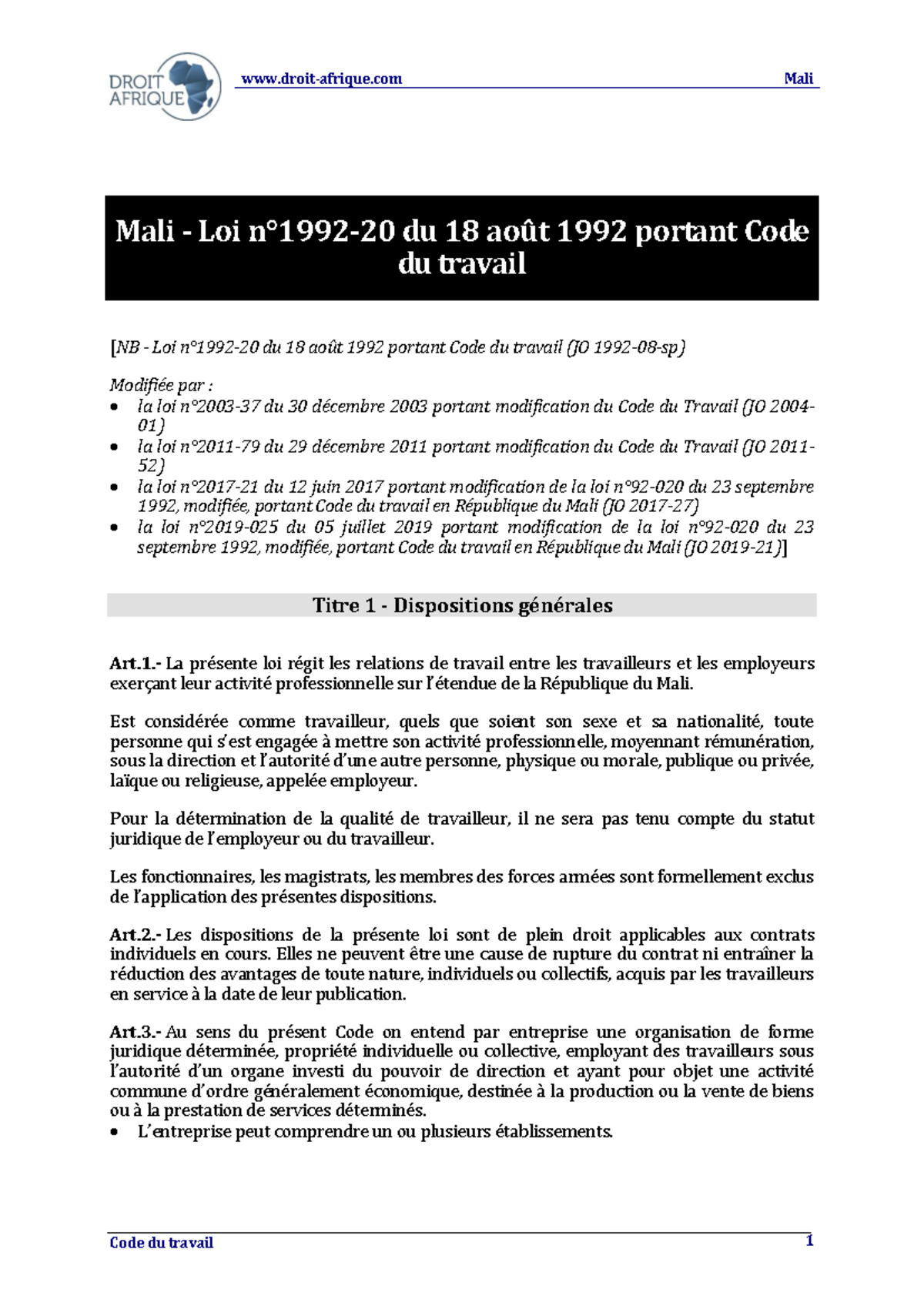 Mali - Code du Travail (Loi n°1992-20) et Modifications 1992-2019 - Studocu