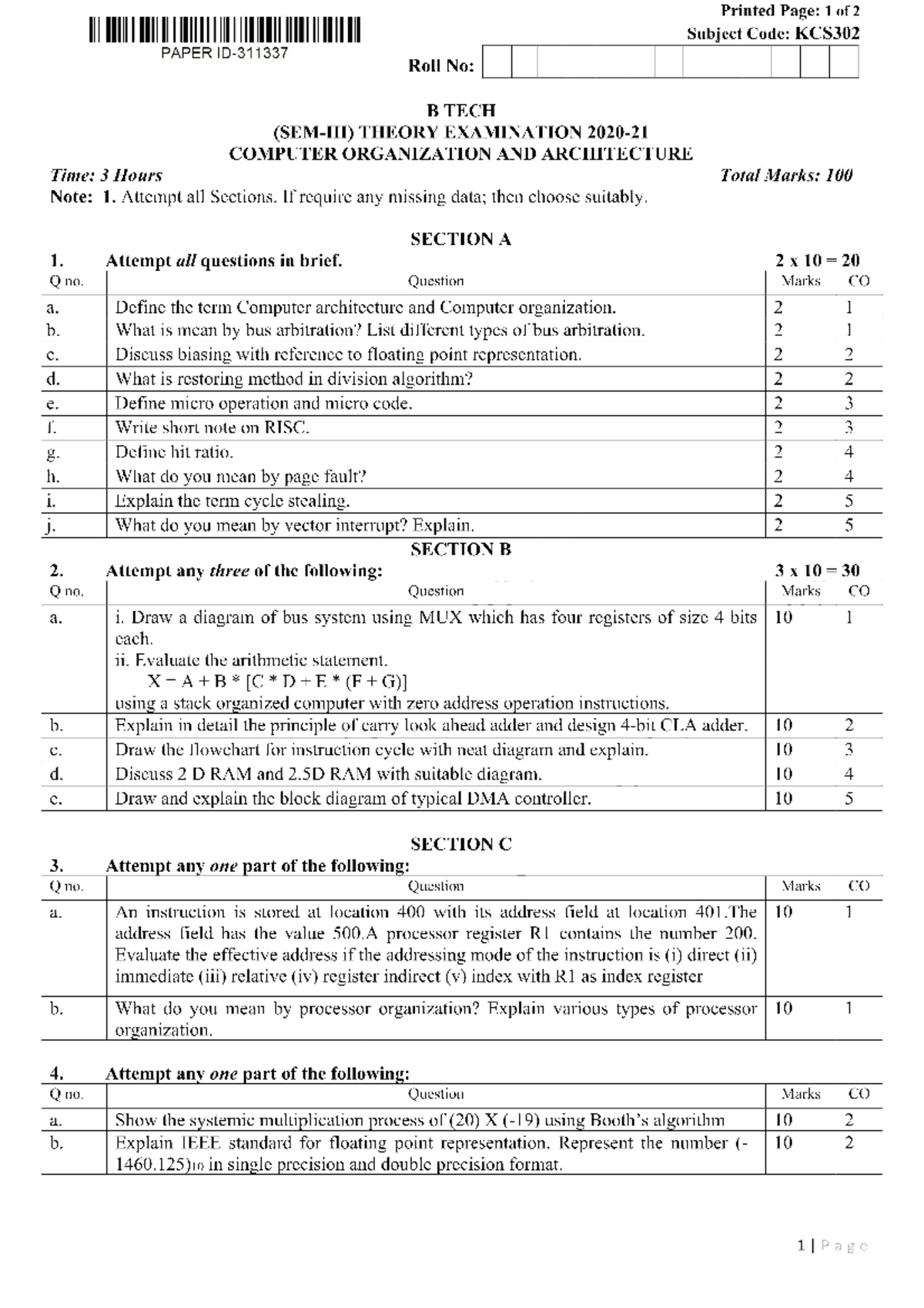 Model Paper COA Subject - Printed Page: 1 of 2 Subject Code: KCS302 ...