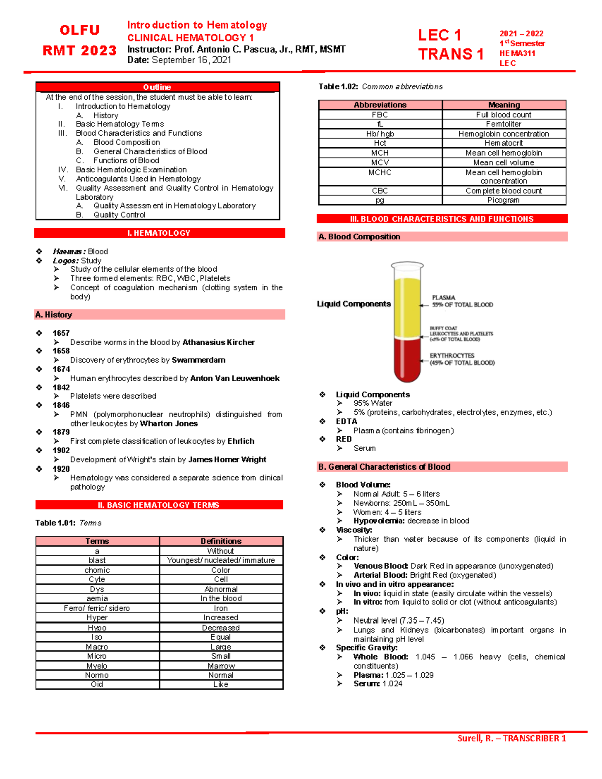 OLFU HEMA311 LEC 1: Introduction to Hematology & Blood Functions - Studocu
