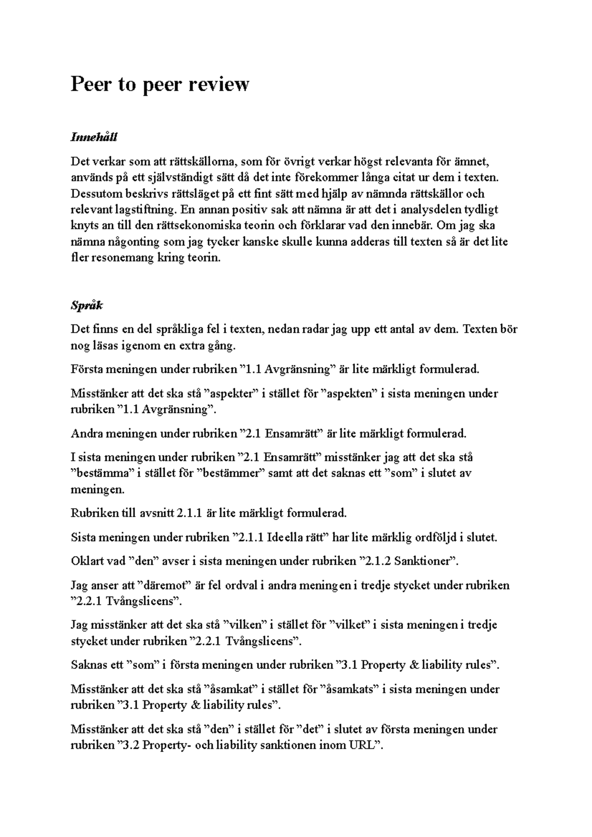 Peer Review Feedback for Legal Analysis (LR101) - Studocu