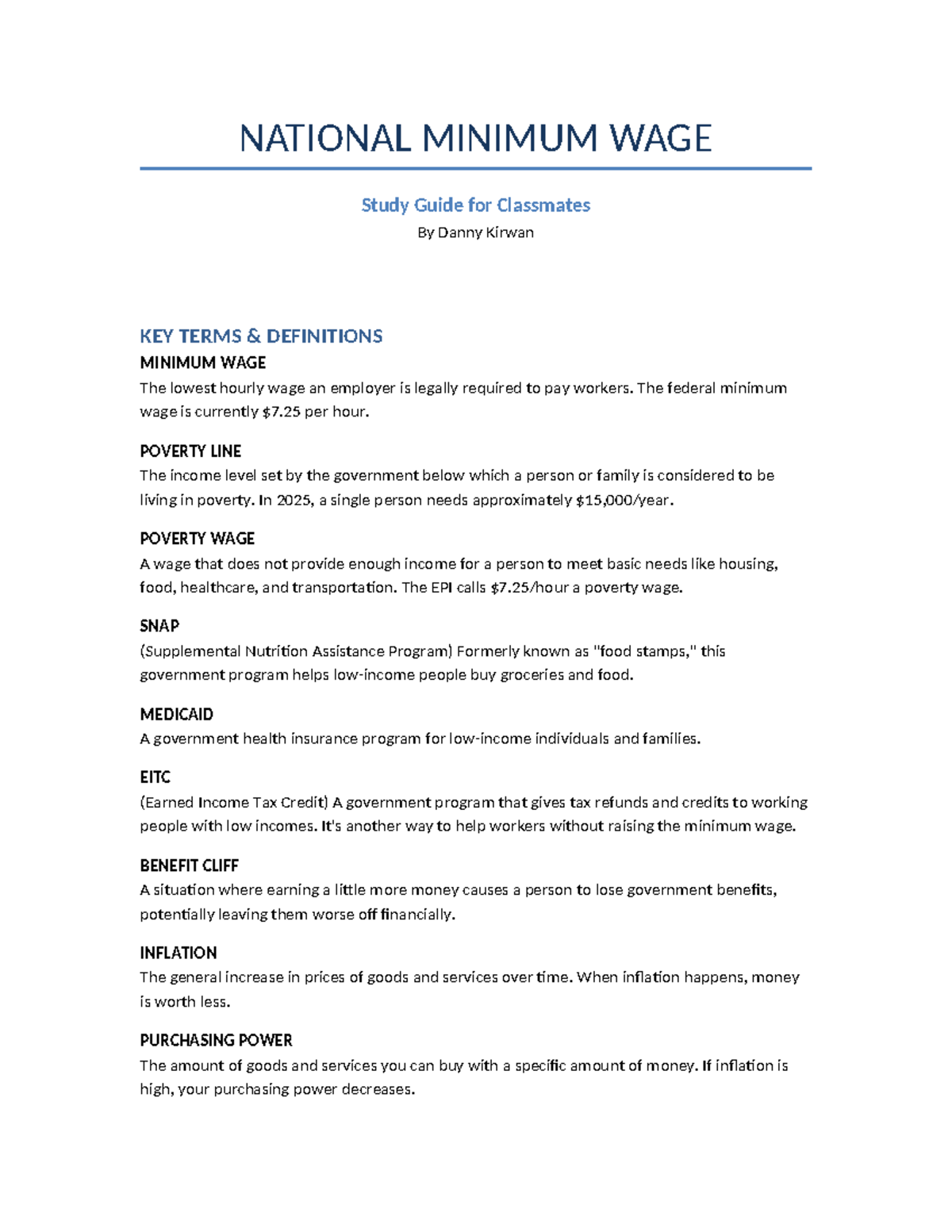 NATIONAL MINIMUM WAGE Study Guide: Key Terms & Research Insights - Studocu