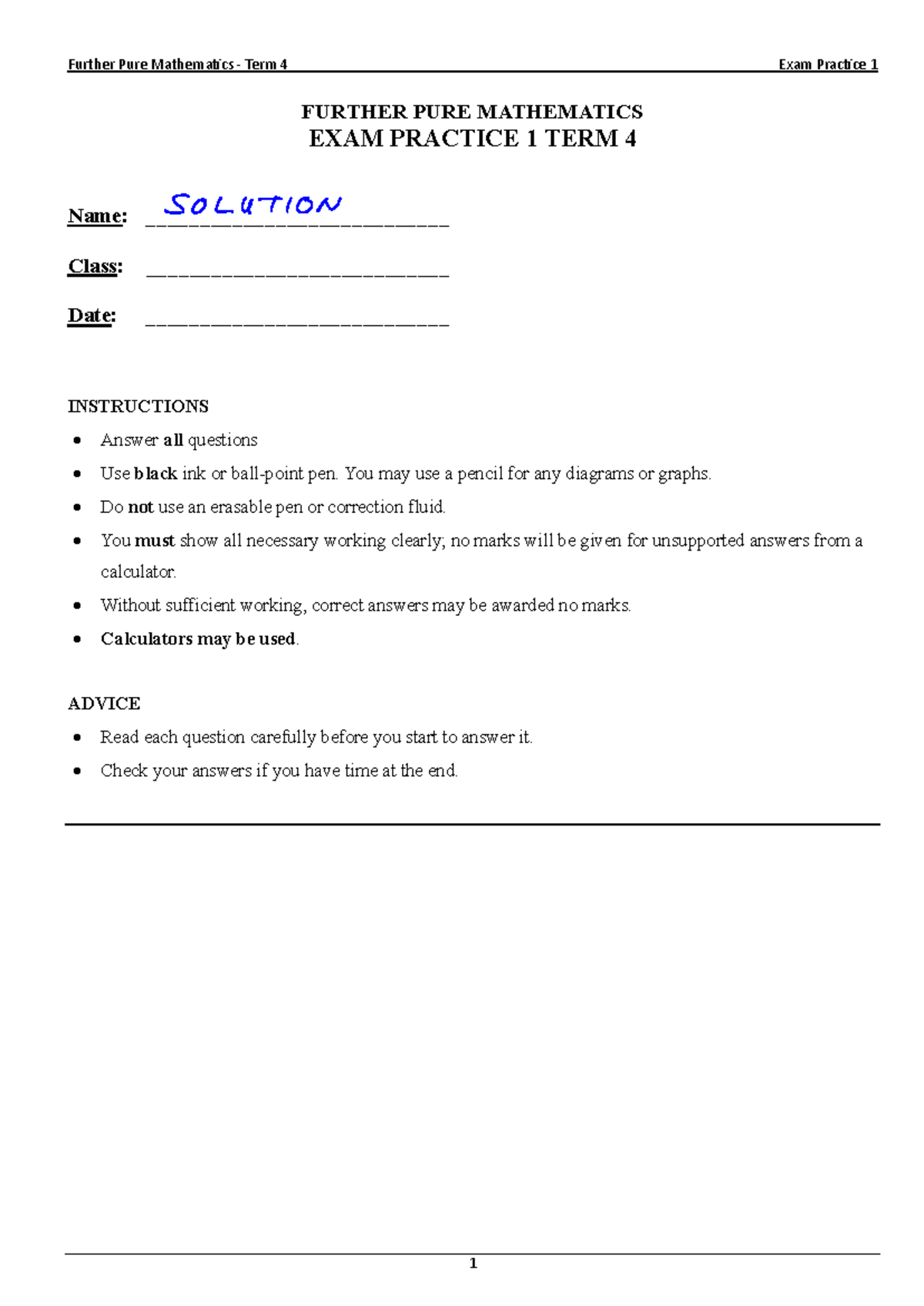 Further Pure Mathematics Exam Practice 1 Term 4 Solutions - Studocu