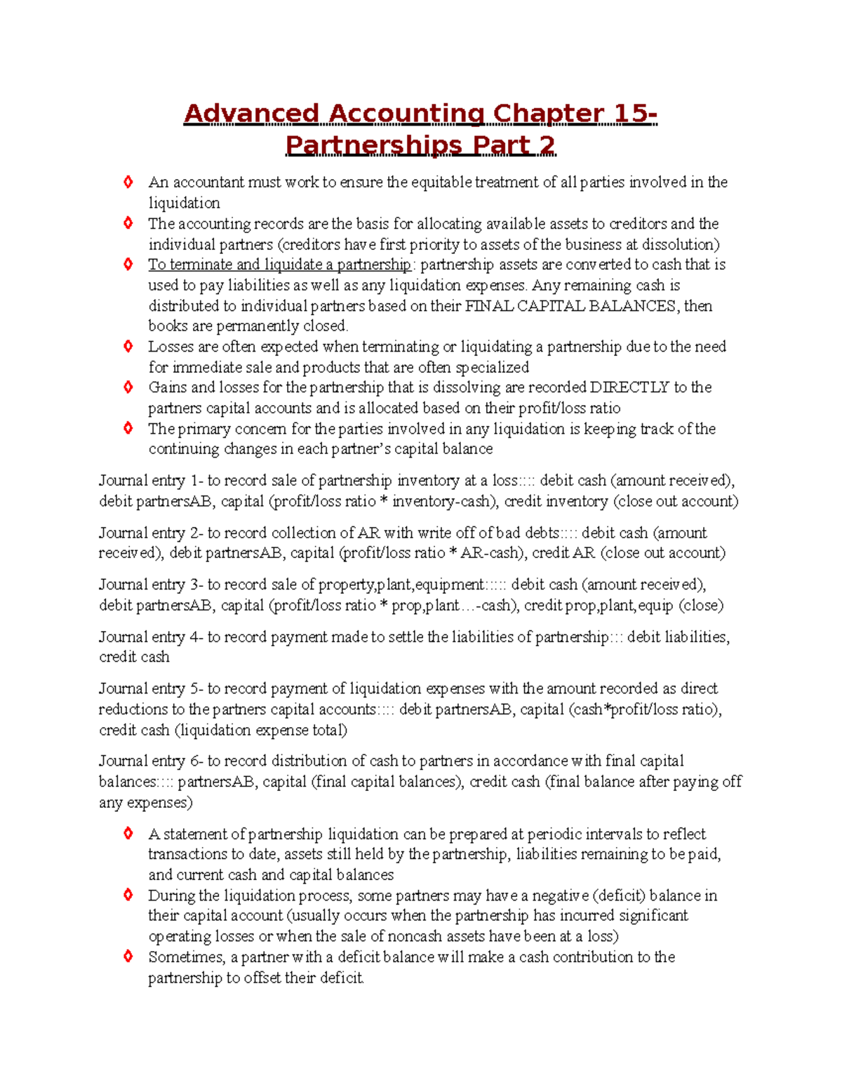 Advanced Accounting Chapter 15: Partnerships Liquidation Part 2 - Studocu
