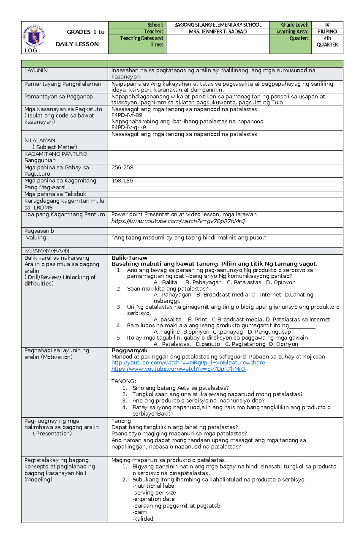 Demo po - dlp for co - GRADES 1 to 12 DAILY LESSON LOG School: BAGONG ...