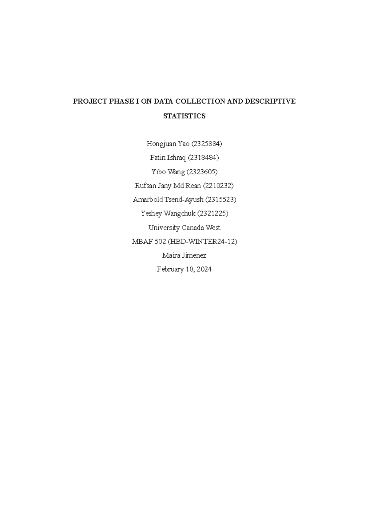 Group Phase I ( Statistics) - PROJECT PHASE I ON DATA COLLECTION AND ...