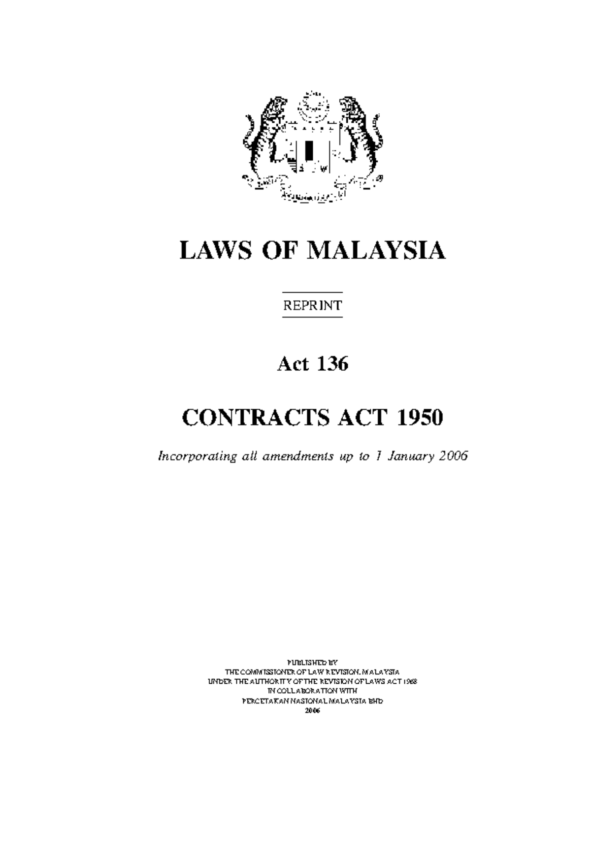 Contracts Act 1950 (Act 136) - Comprehensive Overview and Amendments ...