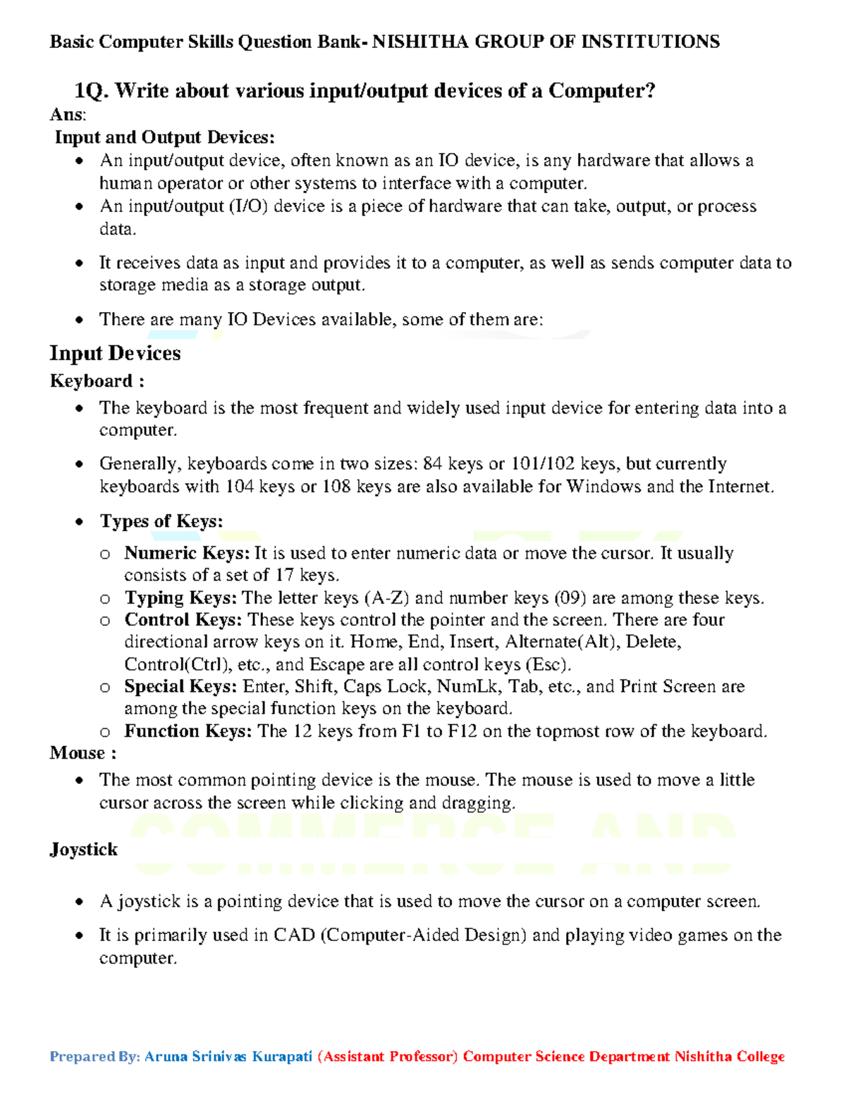 Basic Comp. Skills - This is useful for BCom Students - 1Q. Write about ...