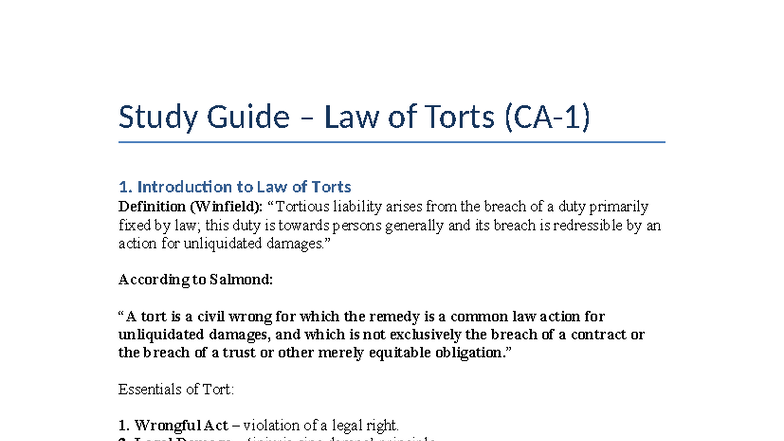 Study Guide: Law of Torts (Course Code: LAW101) - Key Concepts and ...