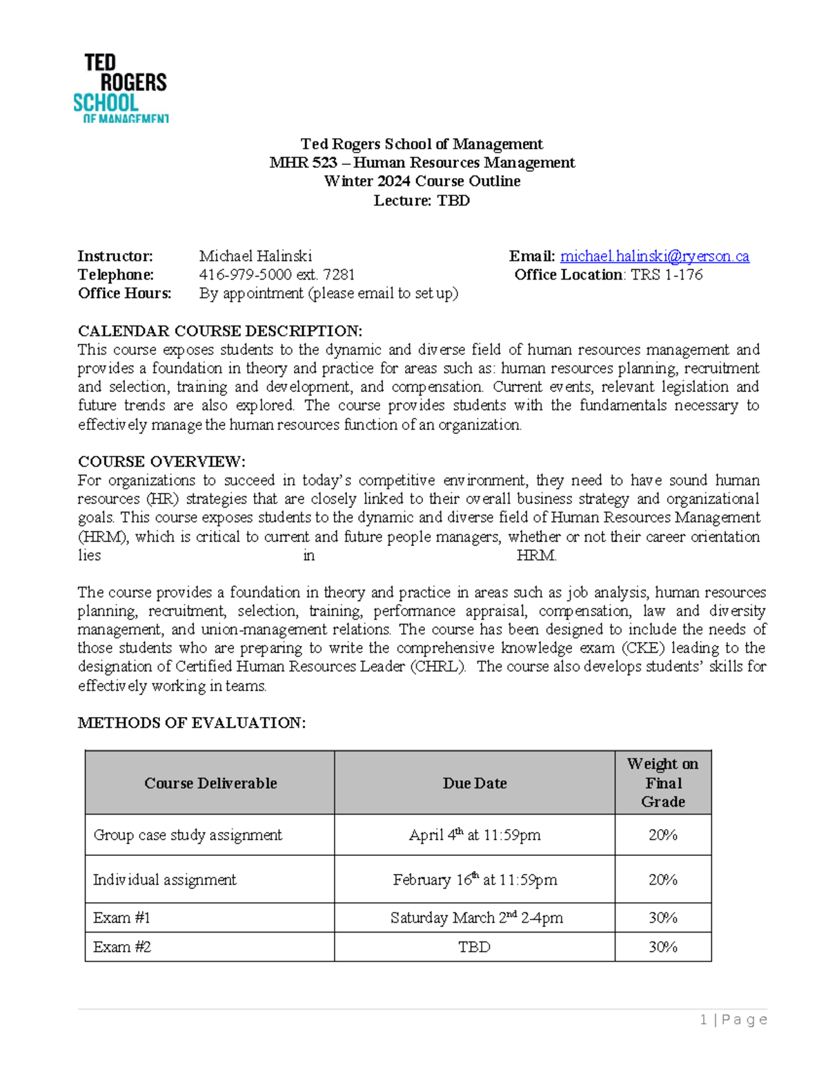 W24 MHR523 Course Outline: Human Resources Management Overview - Studocu