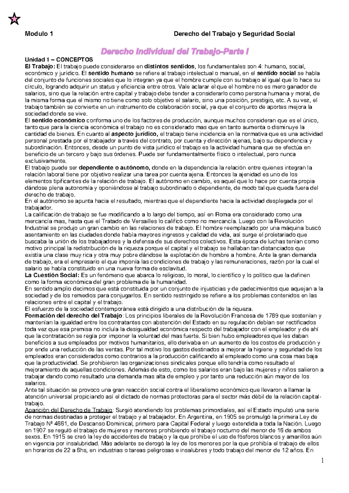 Resumen Derecho Laboral - Modulo 1 Derecho del Trabajo y Seguridad ...
