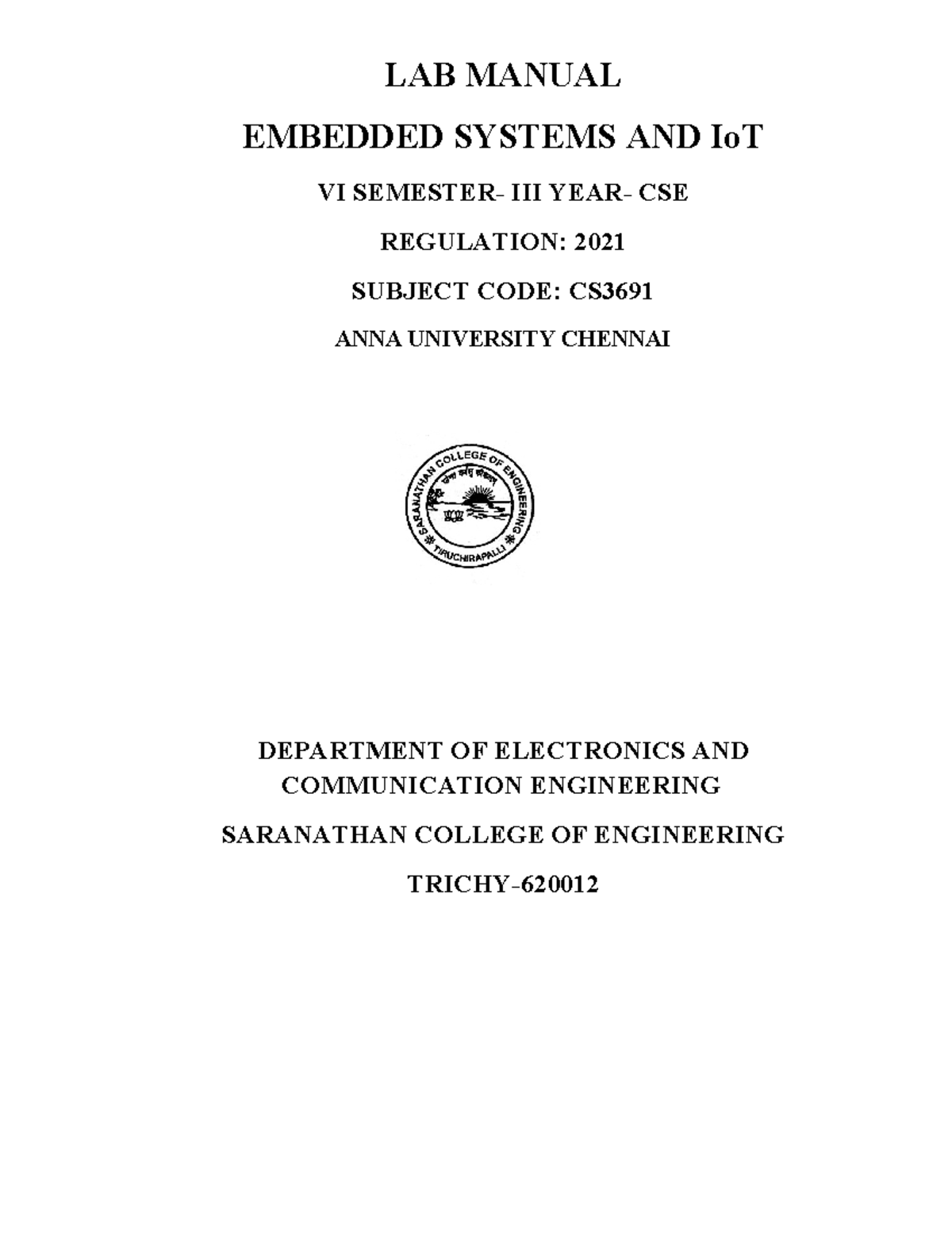 CS3691 Lab Manual: Embedded Systems and IoT Experiments Guide - Studocu
