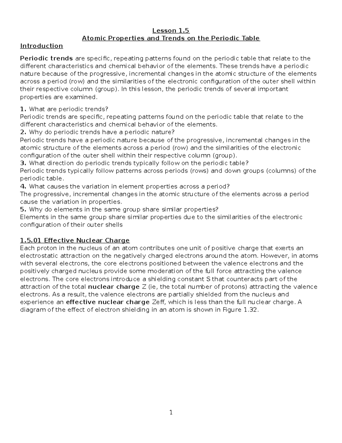 1.5 Lesson: Atomic Properties and Trends on the Periodic Table - Studocu
