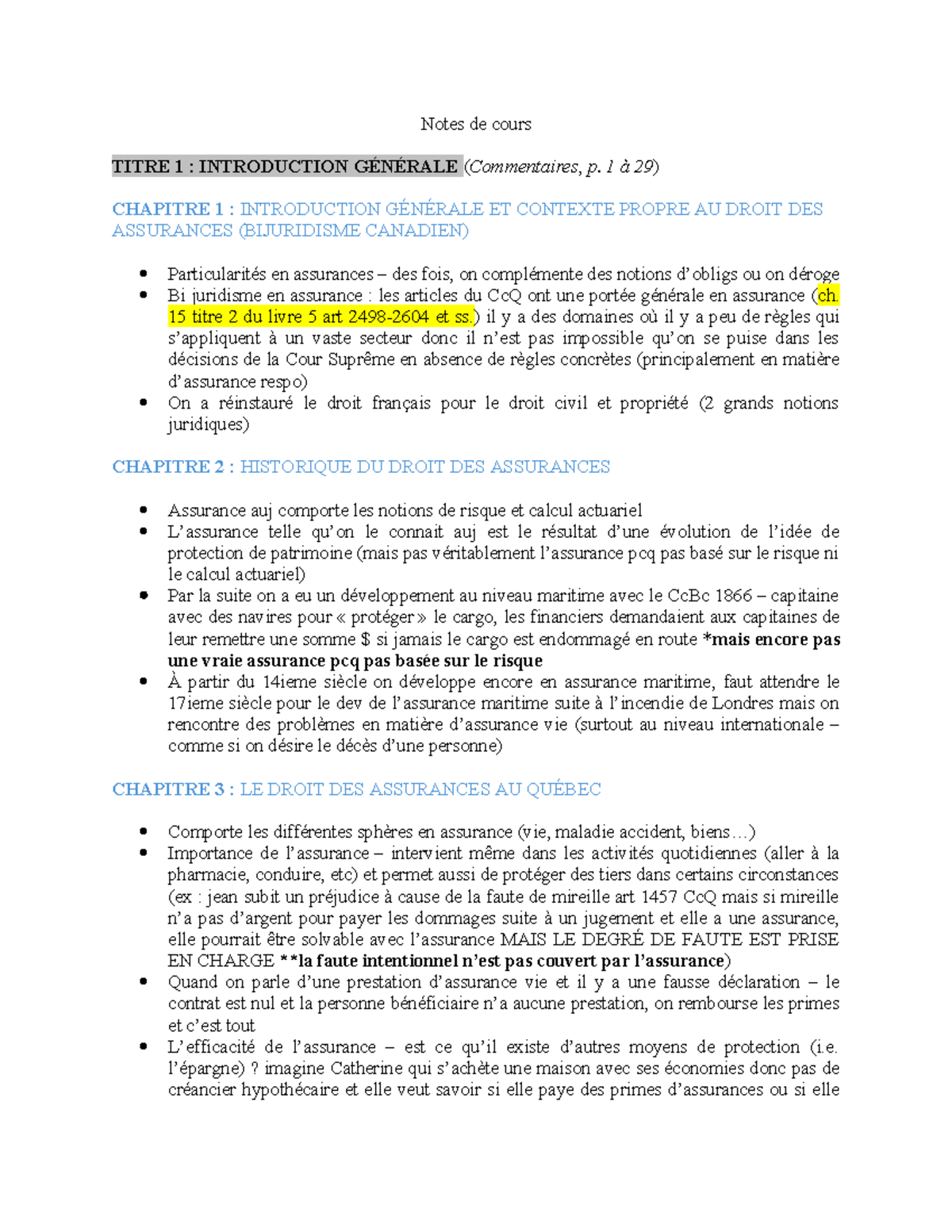 Notes de cours : Introduction au Droit des Assurances (DROIT 101) - Studocu