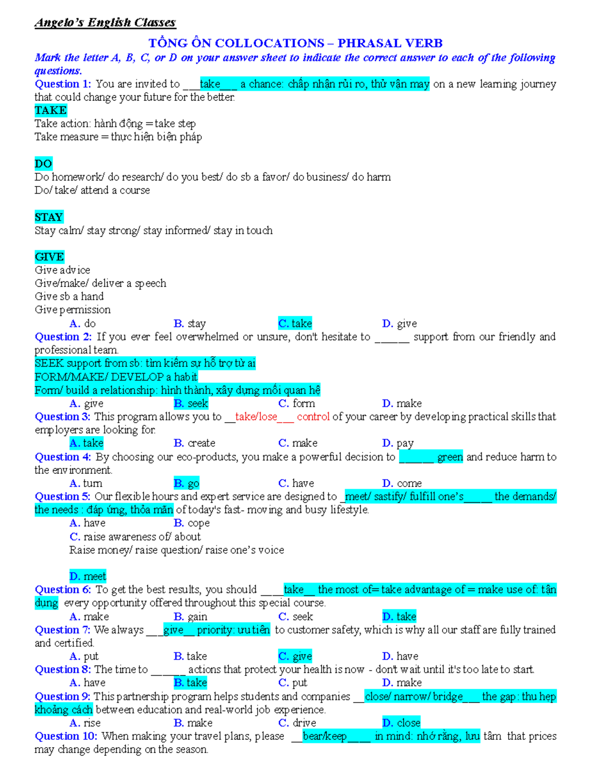 English Classes TỔNG ÔN: Collocations & Phrasal Verbs Practice - Studocu