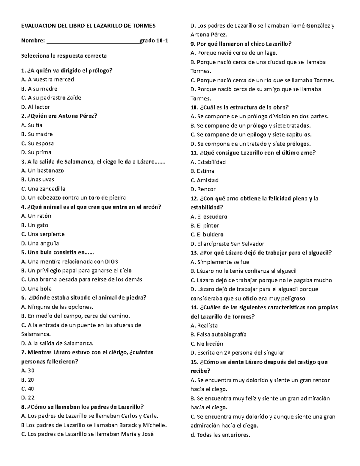 Evaluacion DEL Libro EL Lazarillo DE Tormes 10-1 - EVALUACION DEL LIBRO ...