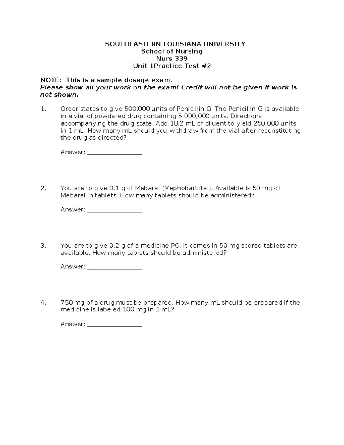 NURS 339 Unit 1 Practice Test #2: Dosage Calculation Exercises - Studocu