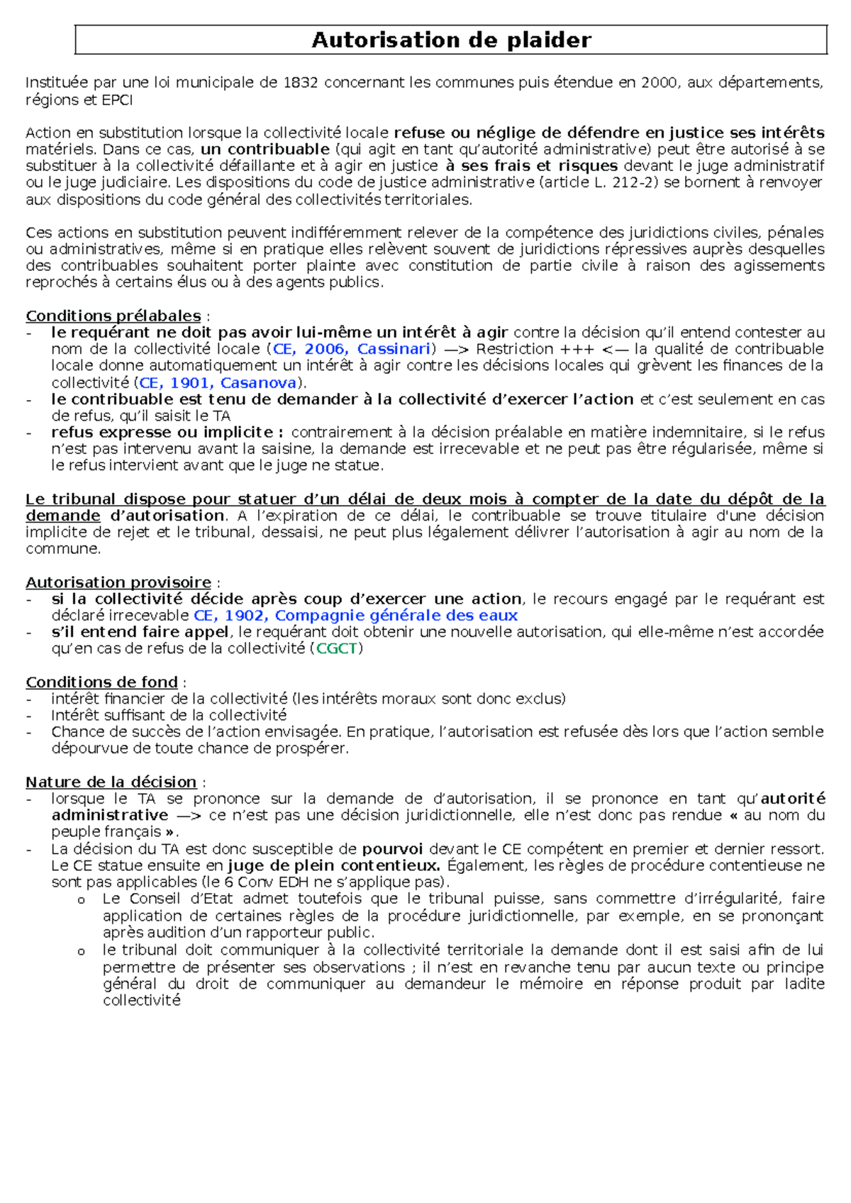 Autorisation de plaider - Autorisation de plaider Instituée par une loi ...