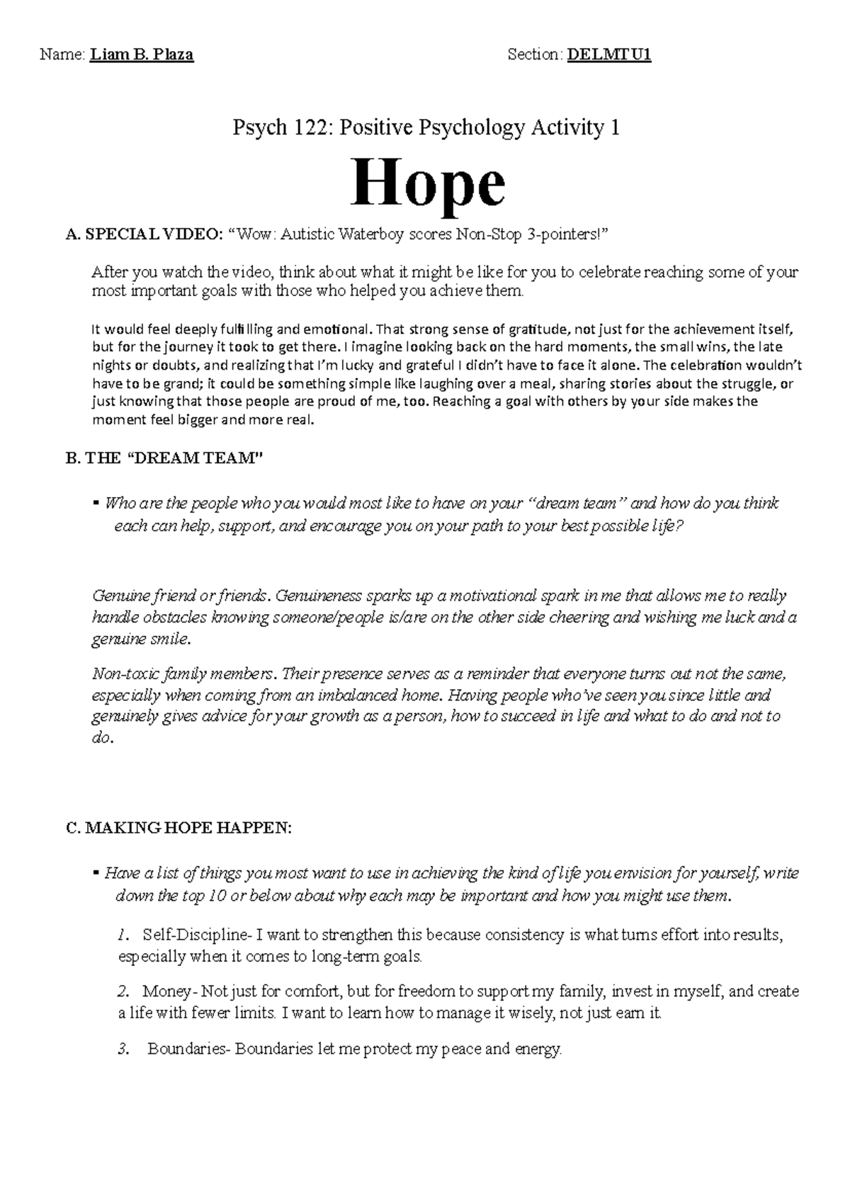 Psych 122: Positive Psychology Activity 1 - Exploring Hope and Support ...