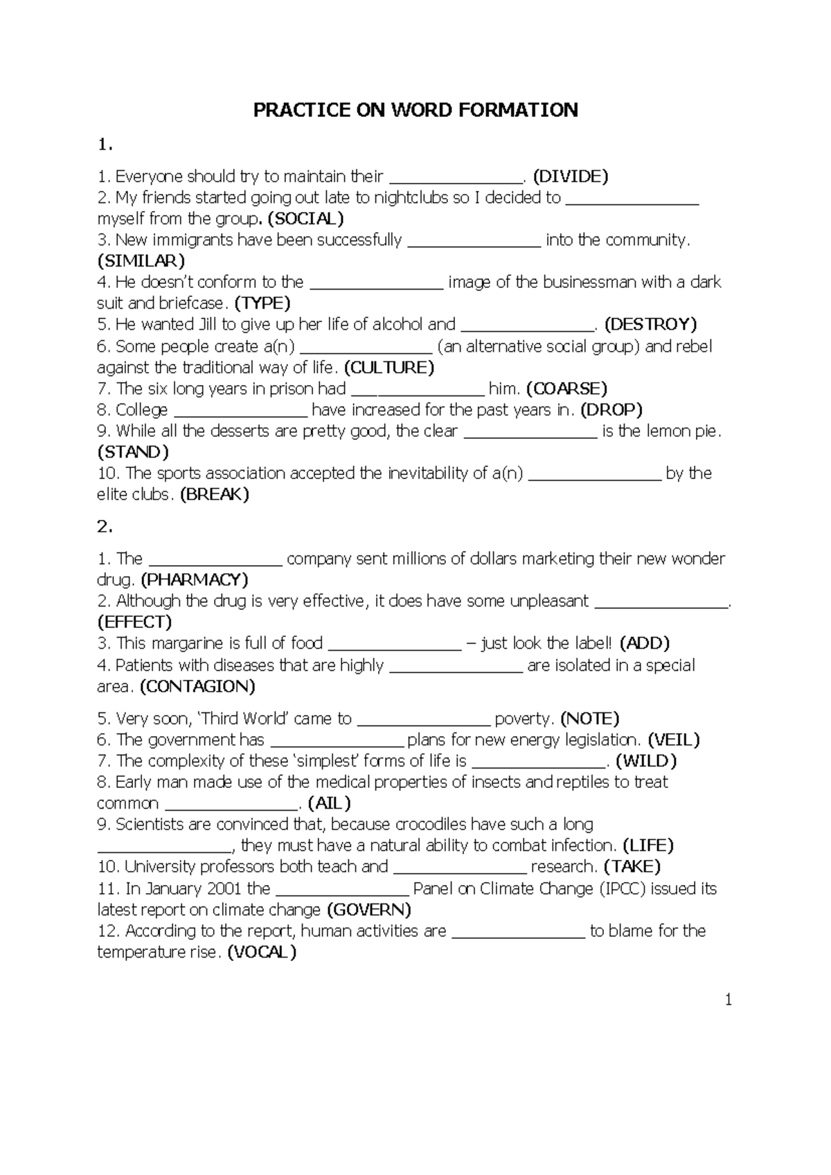 Word Formation Practice: Exercises and Answers (Course Code: WP1) - Studocu
