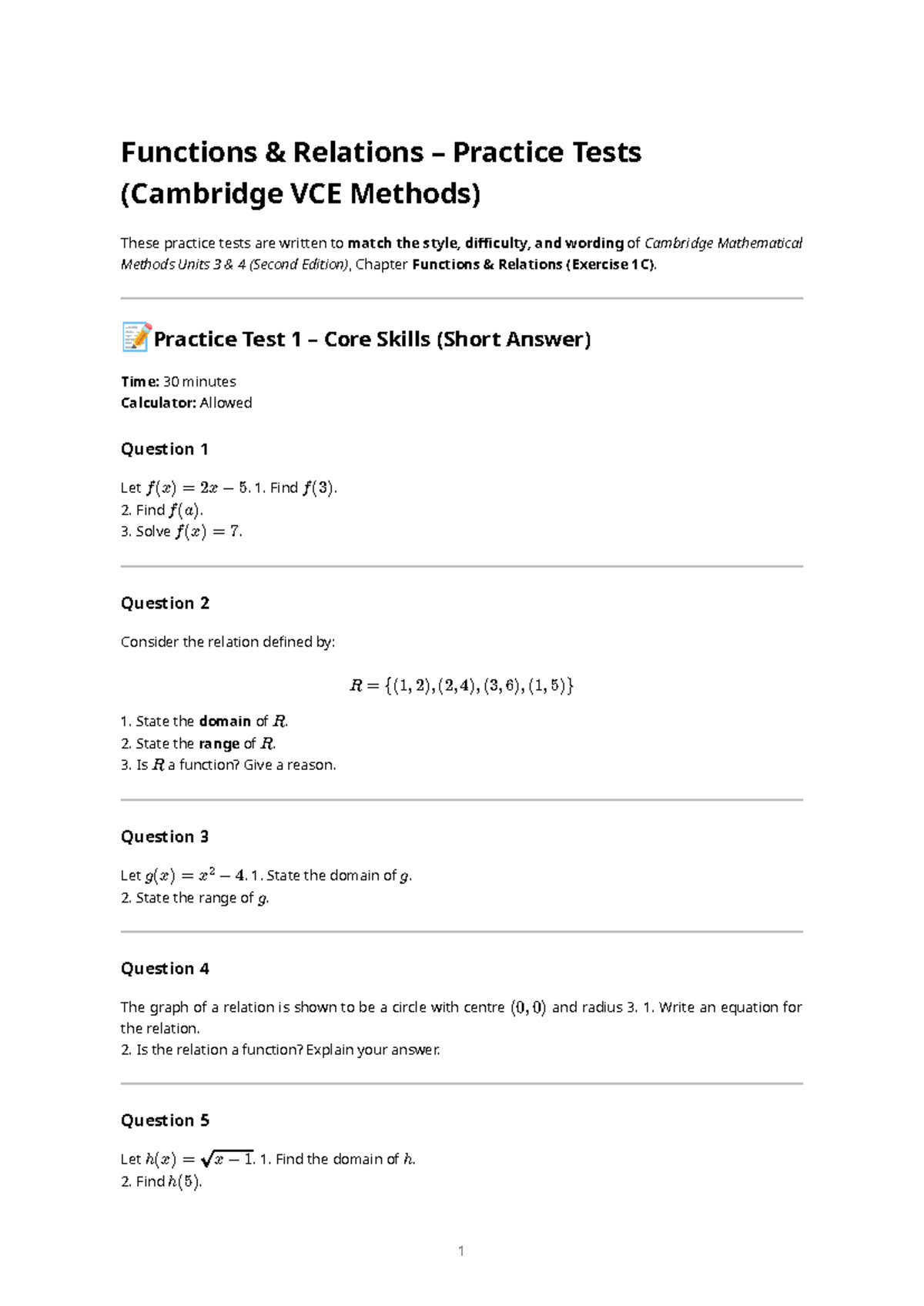 Functions and Relations Practice Tests (Cambridge VCE Methods) - Studocu