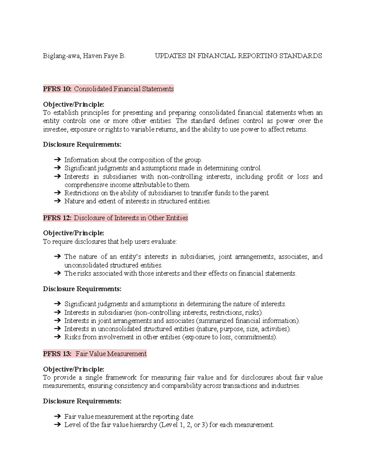 UFRS SW 1 - Updates on PFRS 10-16: Financial Reporting Standards - Studocu