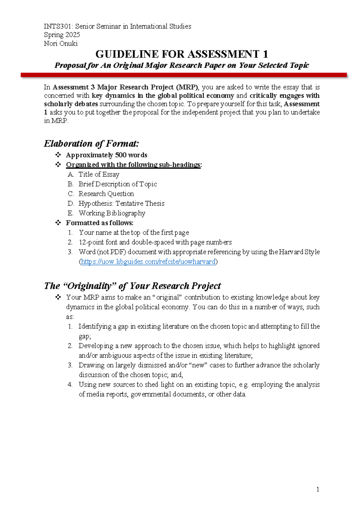 INTS301: Guidelines for Assessment 1 - Research Proposal (Spring 2025 ...