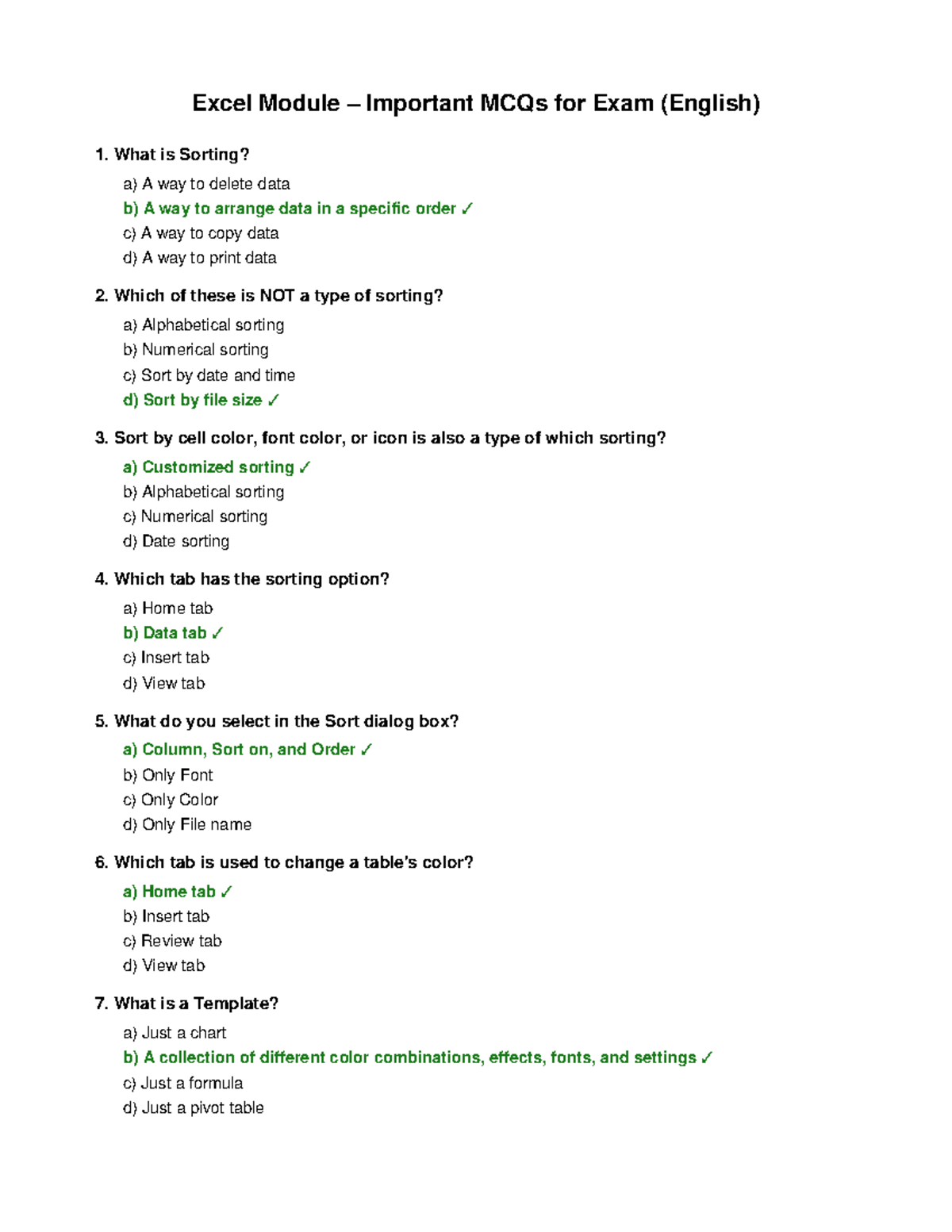 Excel Module Important MCQs for Exam (ENG) - Studocu