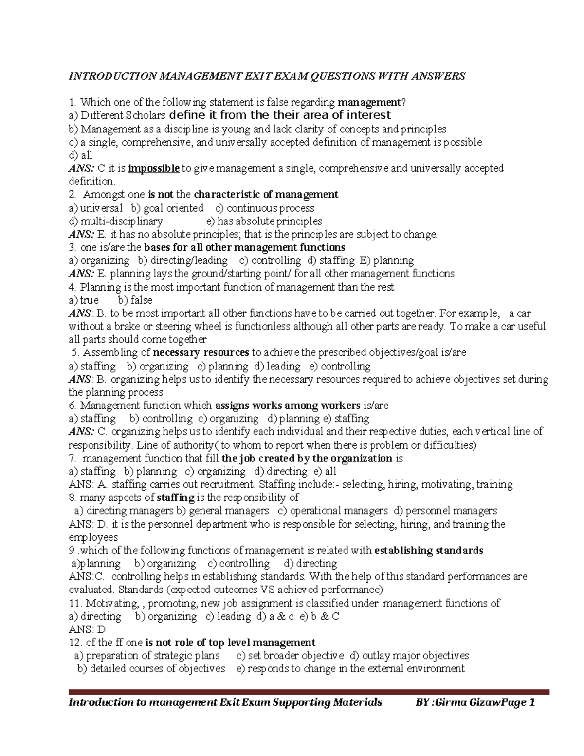 Introduction to Management Exit Exam Questions & Answers - Studocu