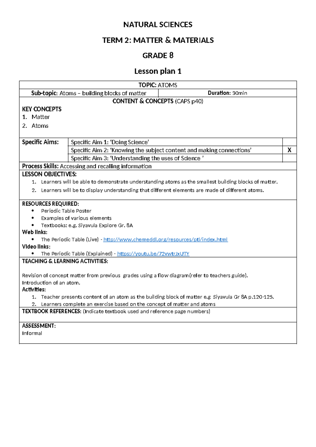 Gr.8 Natural Science Term 2 Lesson Plans: Matter & Atoms Overview - Studocu