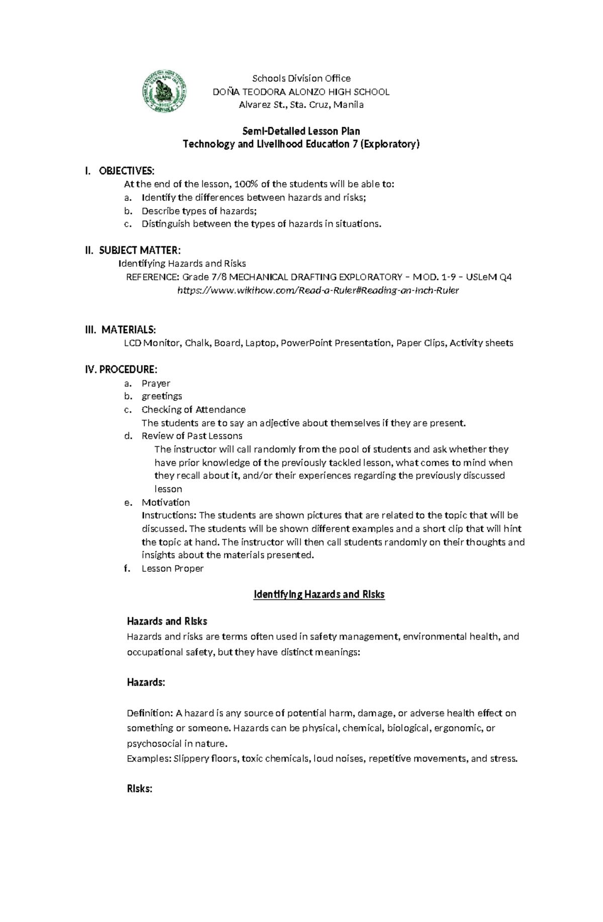 TLE 7 Semi-Detailed Lesson Plan: Identifying Hazards & Risks - Studocu