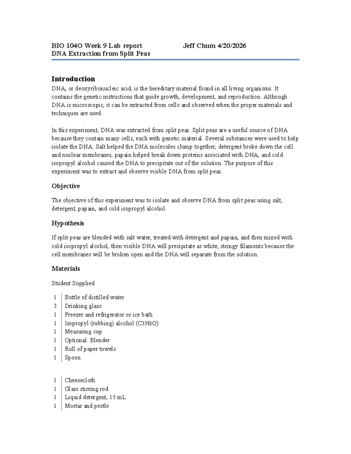 BIO 104O Week 9 Lab Report: DNA Extraction from Split Peas - Studocu