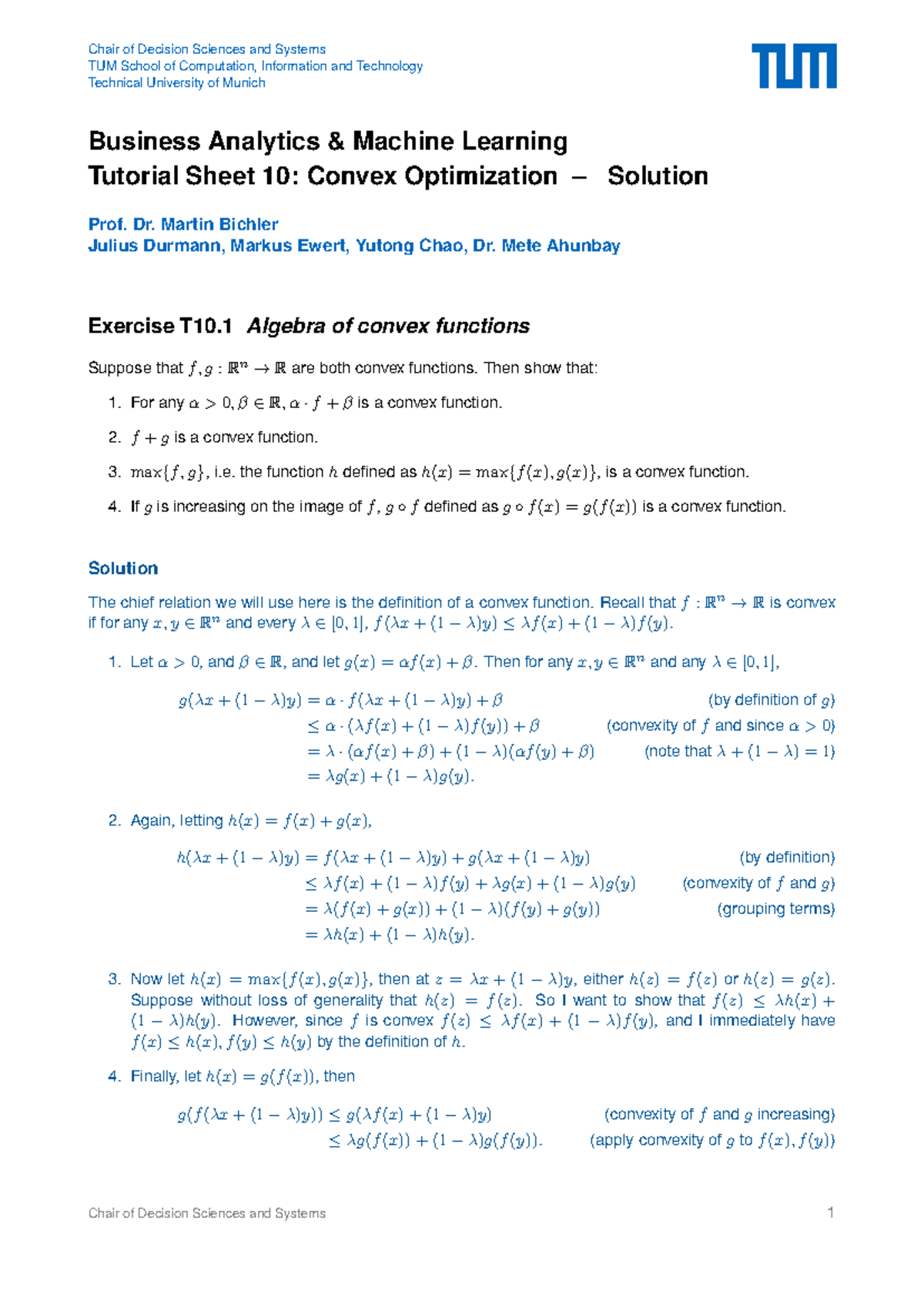 TUM Business Analytics ML Tutorial 10: Convex Optimization Solutions ...