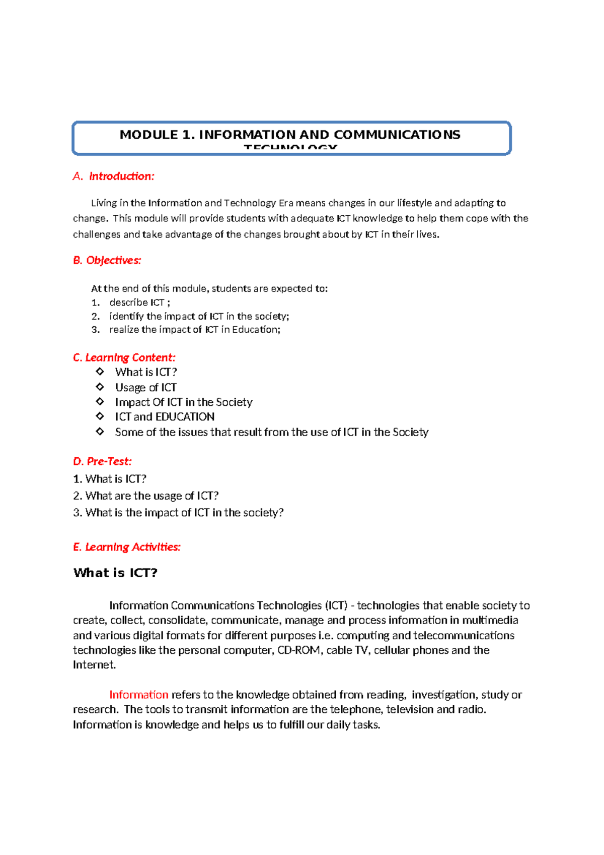 Module 1: ICT Impact on Society and Education - GE9 Notes - Studocu