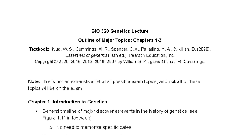BIO 320 Genetics Lecture Outline: Major Topics from Chapters 1-3 - Studocu