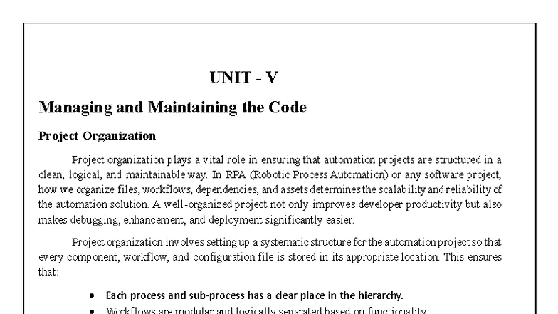 RPA UNIT V: Managing and Maintaining Code Project Organization - Studocu